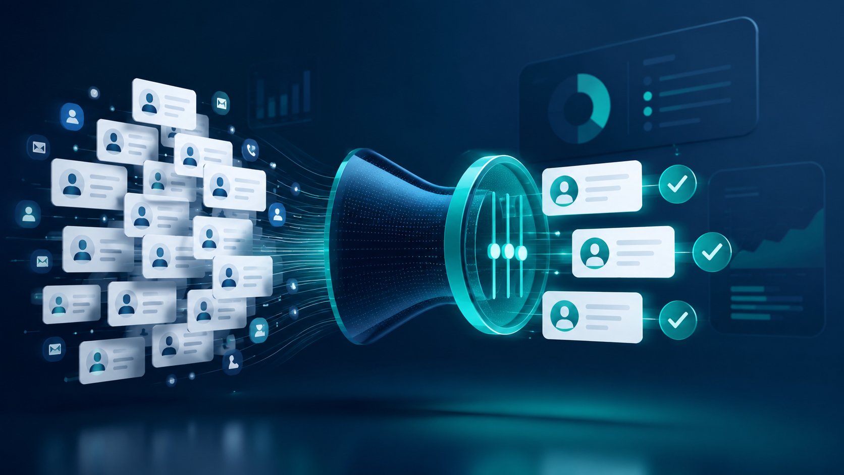 Embudo digital que filtra una base de contactos